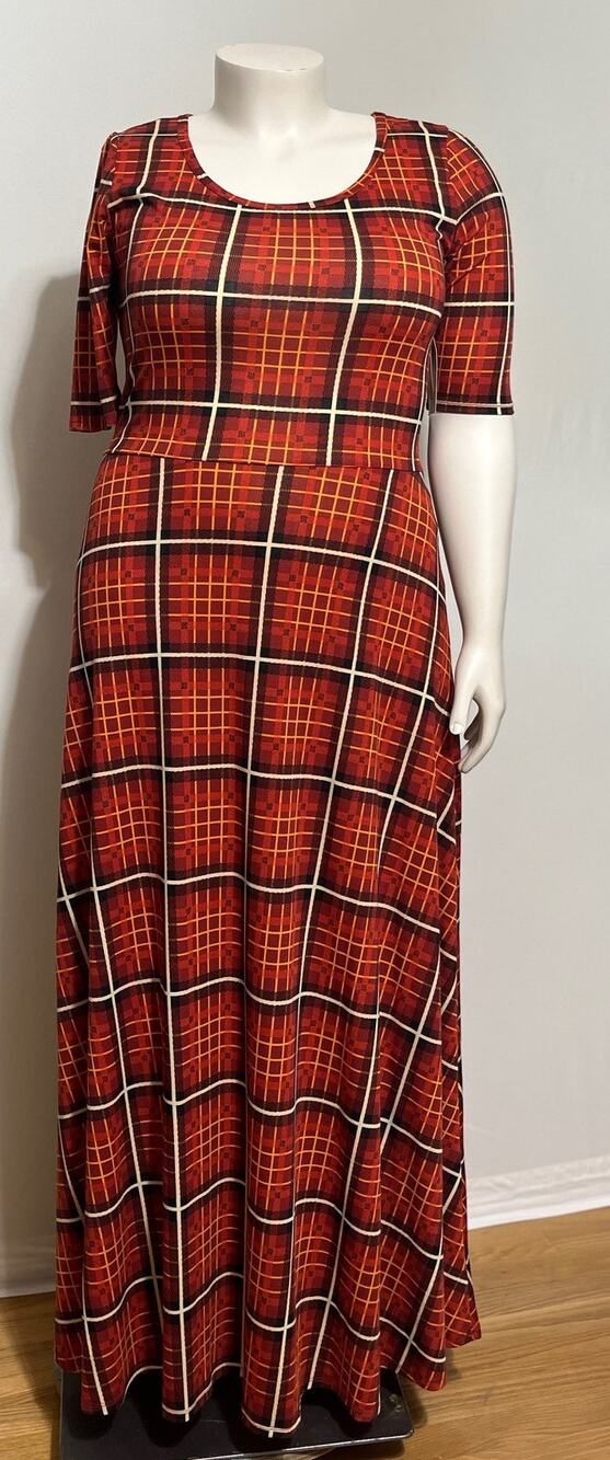LuLaRoe NWT Ana Maxi Dress 2XL Red Orange Black Cream Plaid Stretch Elbow Sleeve
